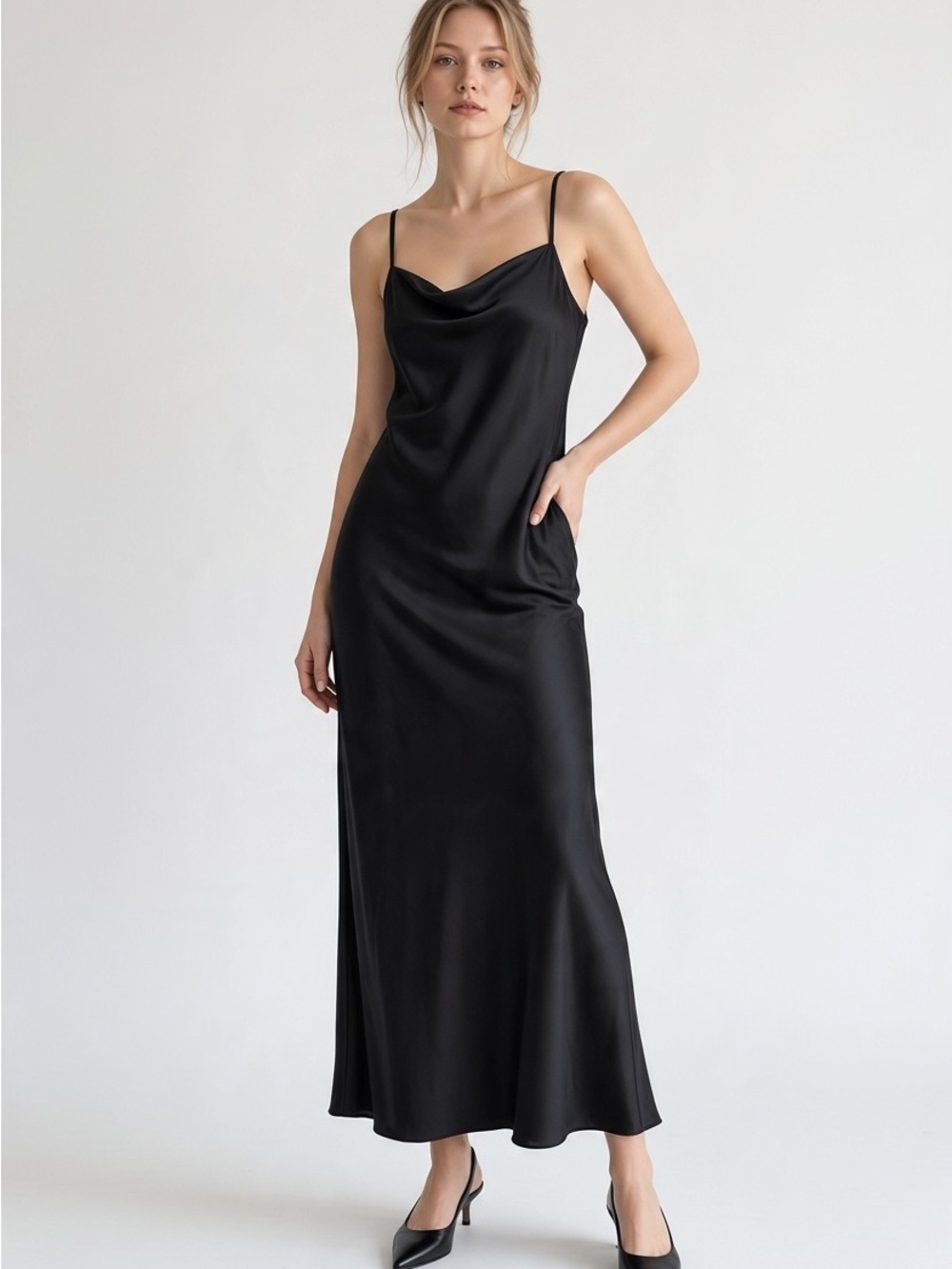 Wilfred Aritzia Black Satin Midi Slip Dress Sz XS